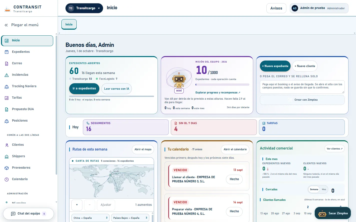 ConTransit home screen (in Spanish): open shipment files, the team goal, a quick-create box for pasted emails, follow-ups, a calendar of alerts and this week’s routes.