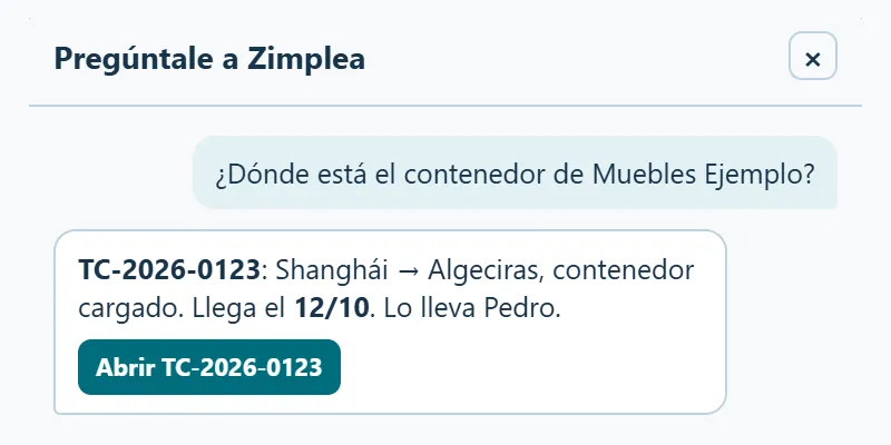 The “Ask Zimplea” window (in Spanish): asked where a client’s container is, it replies with the route, arrival date, who is handling it and a button to open the file.